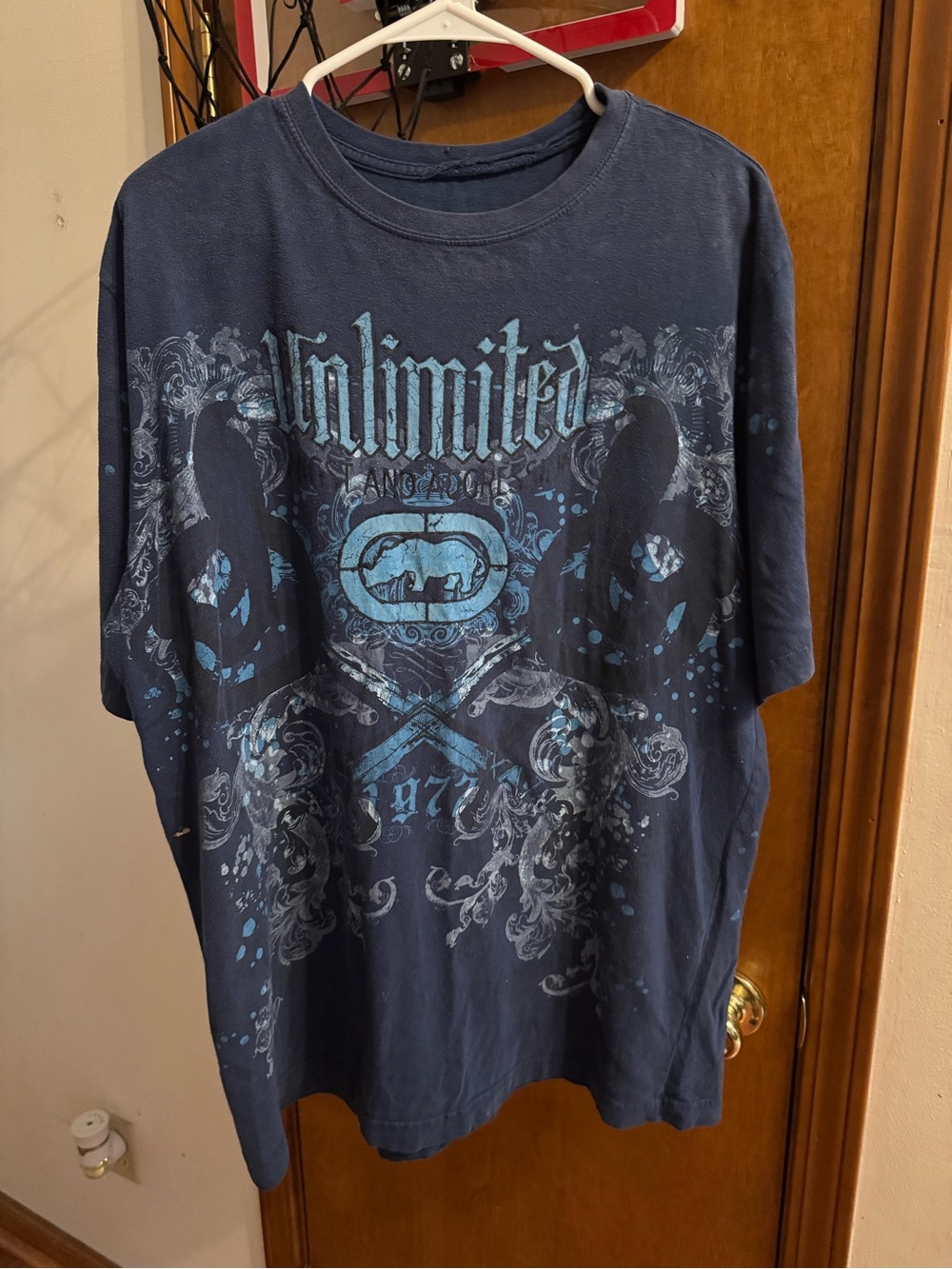The Echo Unlimited Navy Graphic Crewneck Tee with Light Blue Print